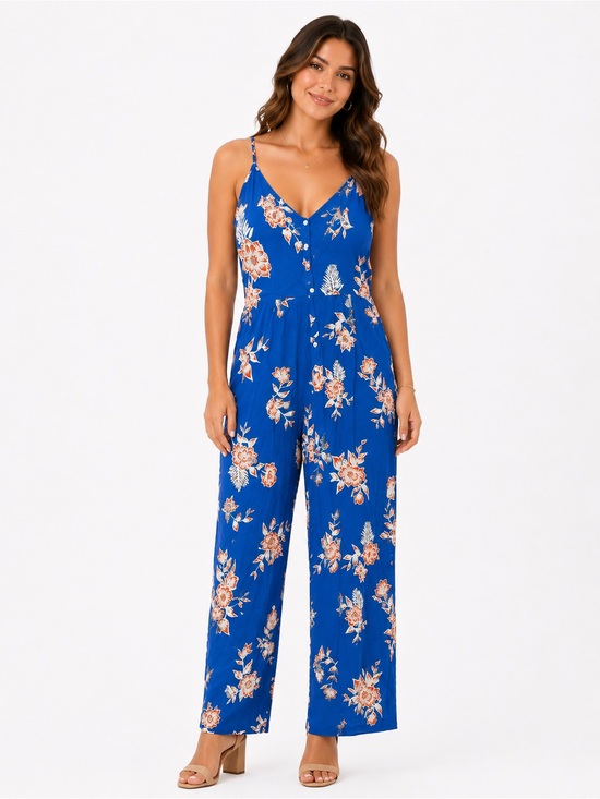 Roxy Pants - Roxy Size Medium Blue Floral Spaghetti-Strap Jumpsuit